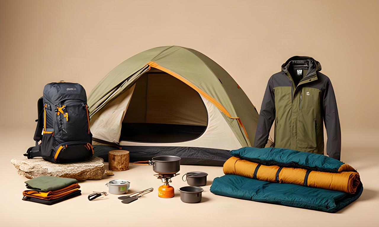 Geordnete Campingausrüstung mit Zelt, Rucksack, Kocher und wetterfester Kleidung