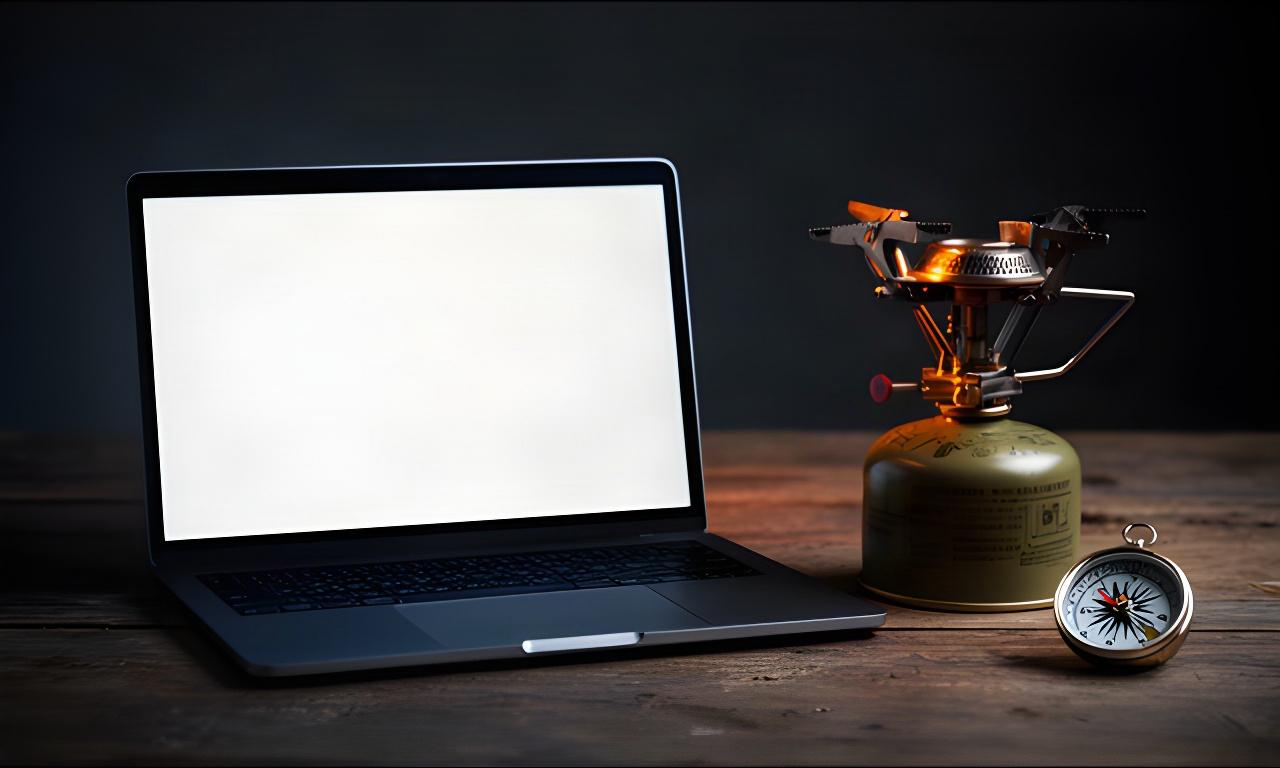 Laptop mit geöffneter Datenschutzansicht neben Campingkocher und Kompass