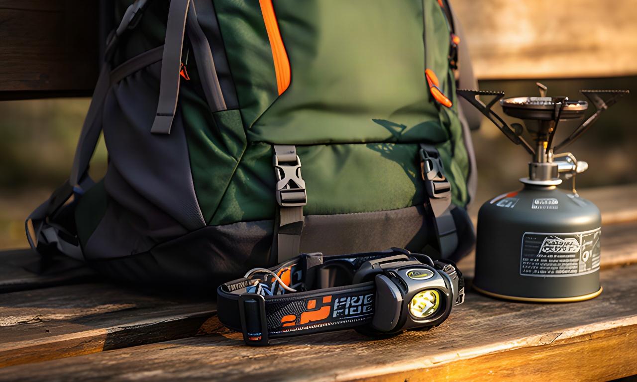 Nahaufnahme von Trekkingrucksack, Stirnlampe und Campingkocher auf einer Holzbank