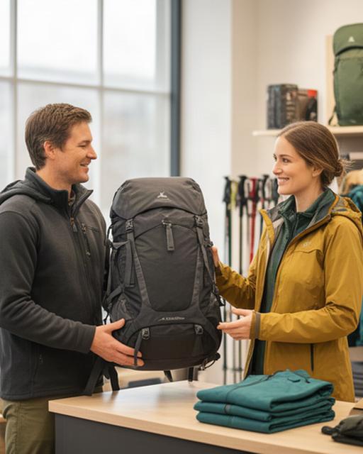 Beratung zu Rucksack und Wanderbekleidung in einem hellen Outdoor-Fachgeschäft