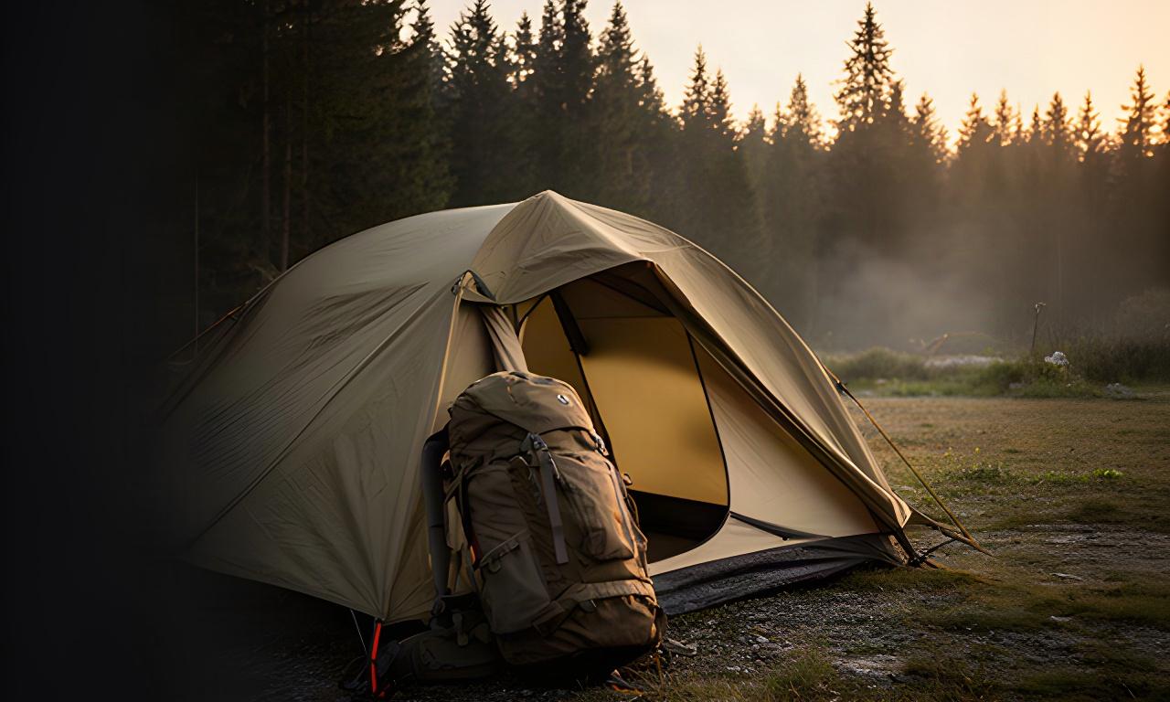 Zeltplatz im Abendlicht mit aufgebautem Trekkingzelt und Rucksack am Waldrand