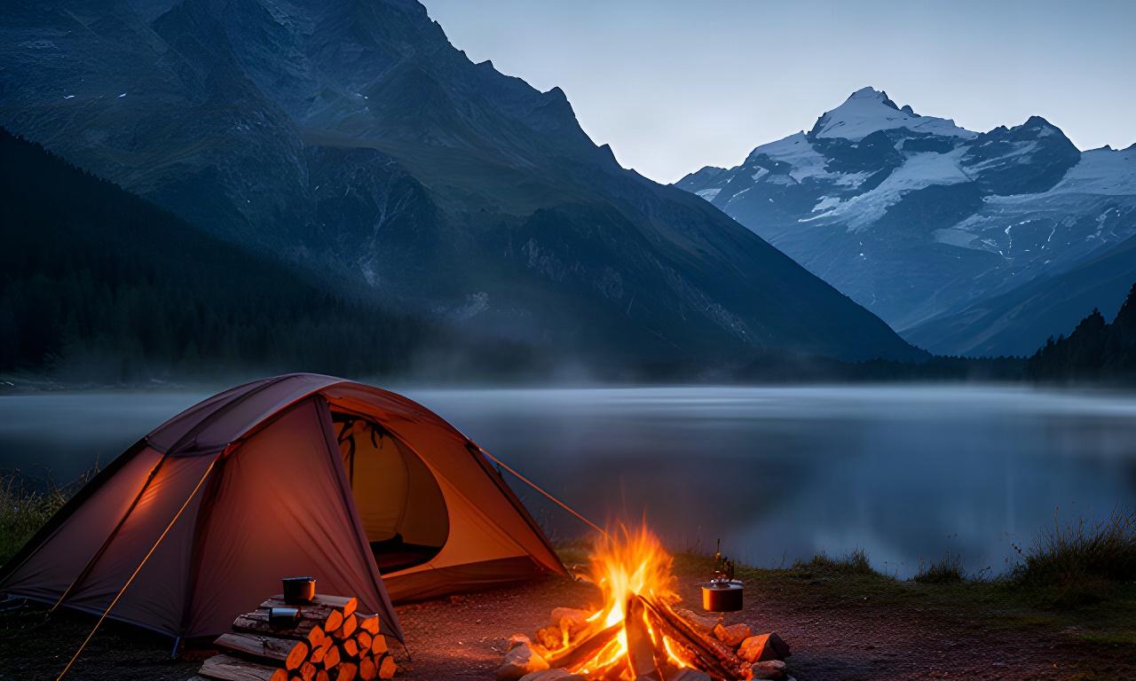 Zelt und Lagerfeuer vor einer Berglandschaft bei der Abenddämmerung