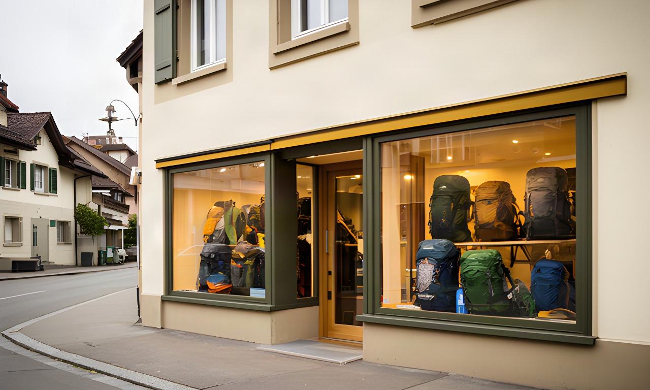 Outdoor-Fachgeschäft an einer ruhigen Strasse in Riehen mit Rucksäcken im Schaufenster