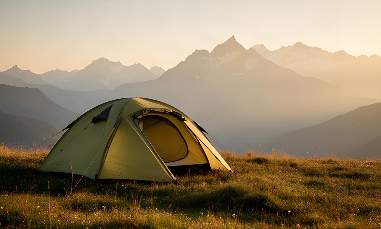 Aufgebautes Trekkingzelt auf einer alpinen Wiese bei warmem Morgenlicht