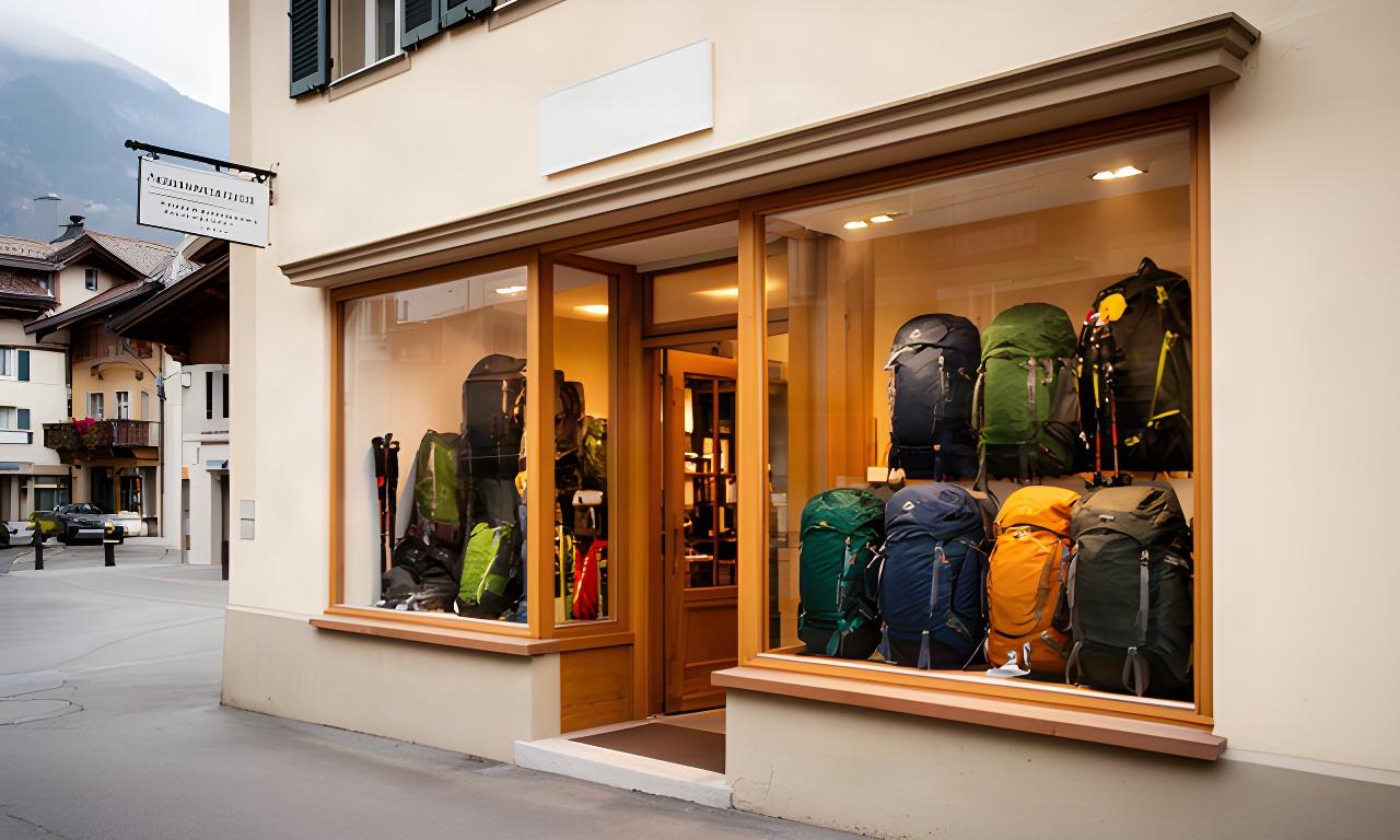 Ladenfront eines Outdoor-Fachgeschäfts in Riehen mit Rucksäcken im Schaufenster