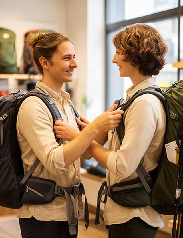 Beratung zu Rucksack und Trekkingausrüstung in einem hellen Outdoor-Fachgeschäft