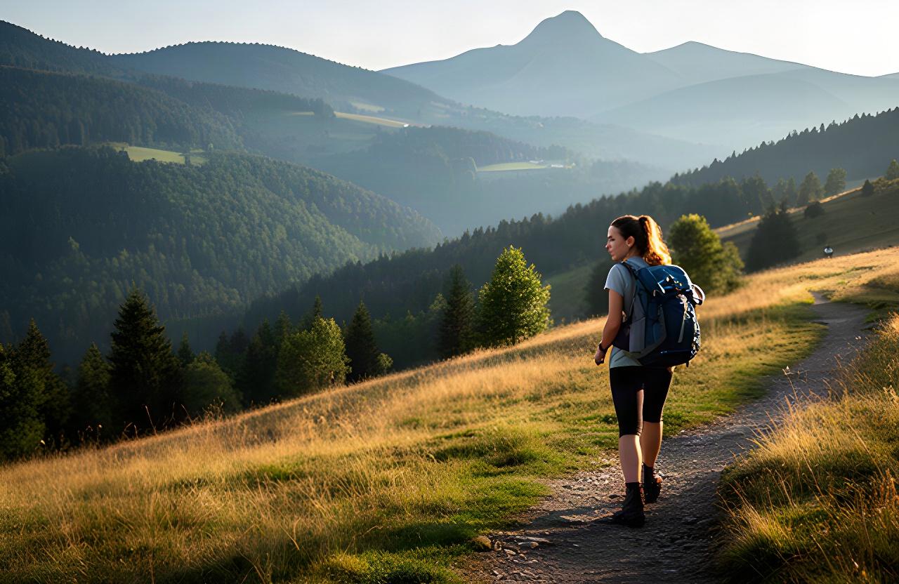 Wanderin mit Trekkingrucksack auf einem sonnigen Bergweg im Schweizer Jura